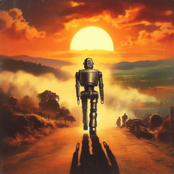 a robot from the 1930's walking into the sunset, vintage movie poster, digital art, DALL-E 3 Bing Image Creator