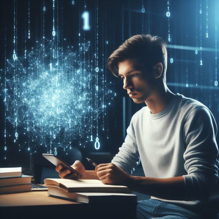 Person sitting at a table with a book open and look at a mobile phone