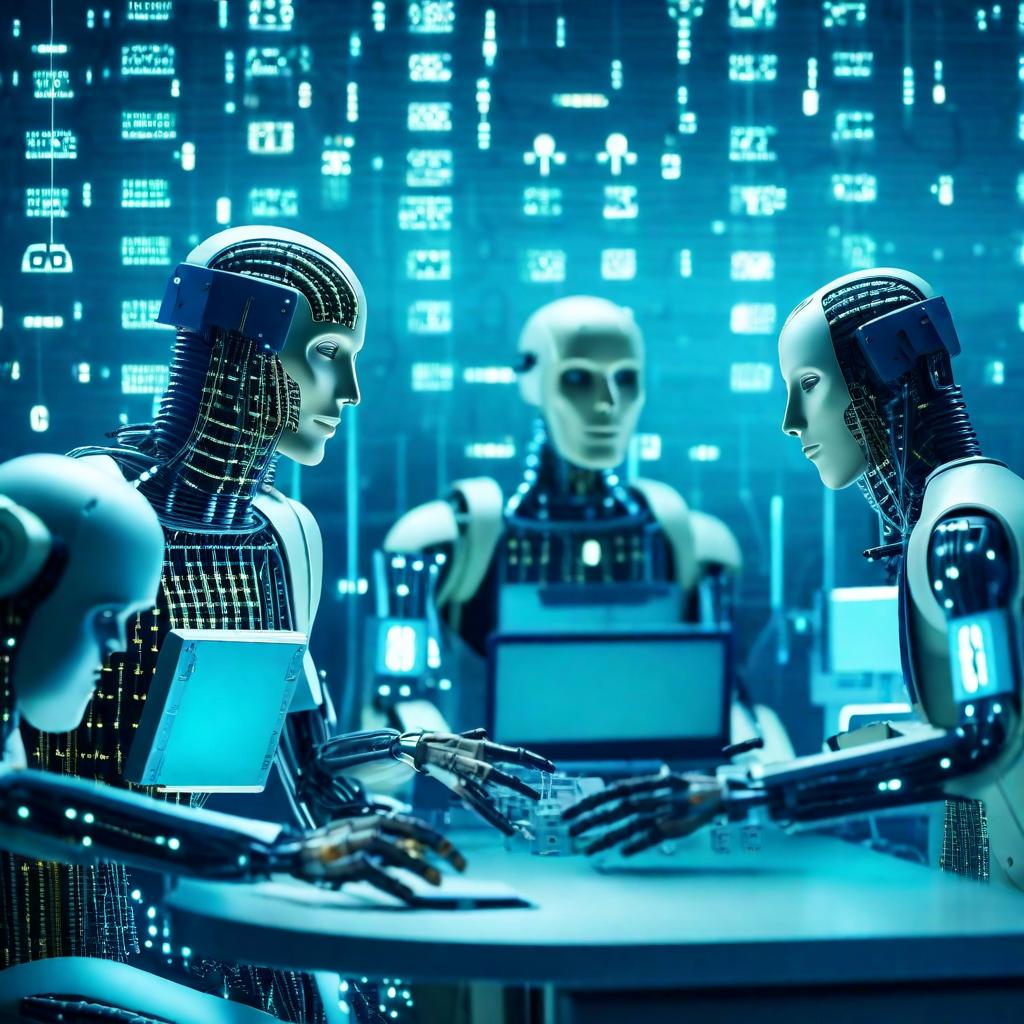 narrow AI in finance Futuristic humanoid robots, intricately designed with electronic components, interacting with each other in a digitally illuminated environment featuring streams of binary code.