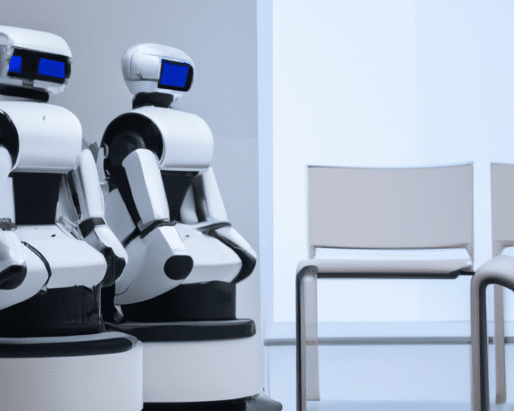 AI Advances at an Exponential Rate two robots sitting in a waiting room