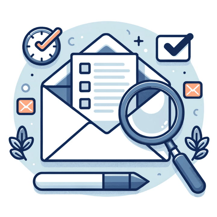 Simplified illustration of an envelope with visual cues like a checkmark and a magnifying glass, representing email tracking and follow-ups.