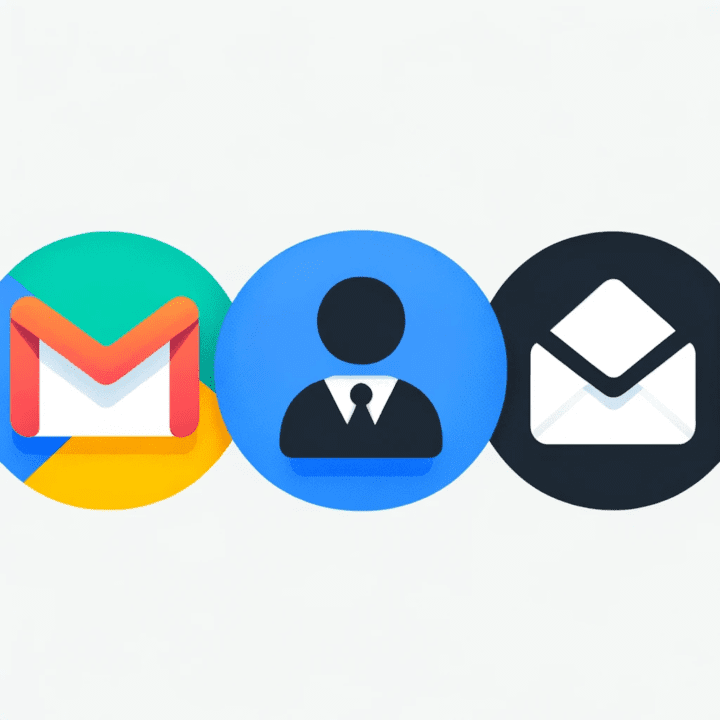 Illustration of three distinct icons symbolizing Gmail functionalities: a colorful label, a silhouette of a person for contacts, and a stylized envelope.
