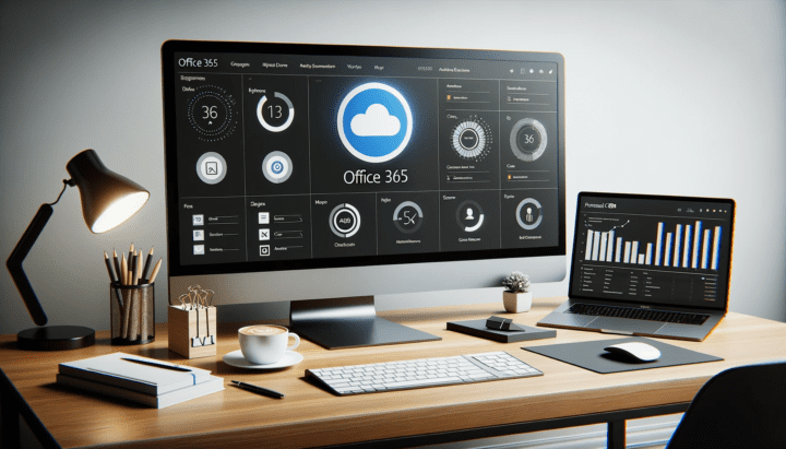 Photo of a sleek modern office setup with a computer screen displaying the Office 365 logo alongside a second screen showing a personal CRM interface. The two screens are placed on a clean wooden desk with some stationery and a cup of coffee.