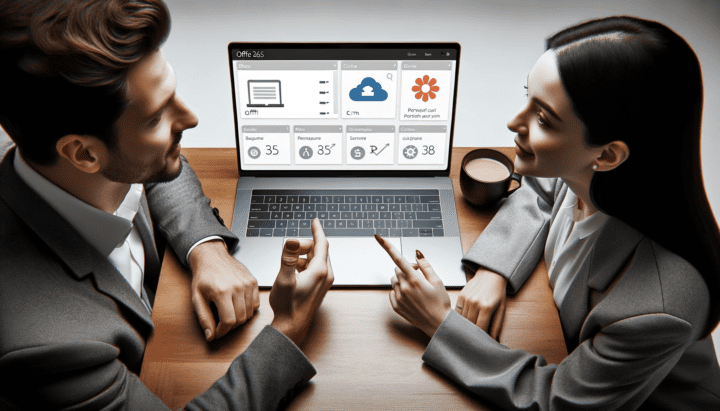 Photo of two diverse individuals discussing over a laptop screen. On the screen, there's a split view: one half shows the Office 365 CRM interface and the other half displays a personal CRM system.