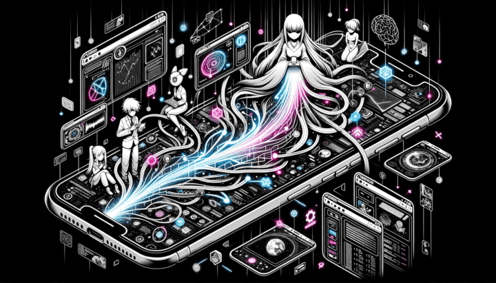 Illustration in 16:9 ratio showcasing a detailed smartphone in the center of the frame, displaying a myriad of app interfaces. Flowing between these apps is a stream of AI data, visualized as vibrant neon lines and holographic symbols. The learning process is symbolized by anime-styled characters interacting with the data, guiding it, and analyzing it. The whole scene is predominantly monochrome, reminiscent of Sin City, but with striking neon accents typical of cyberpunk aesthetics. Hidden AI Daily