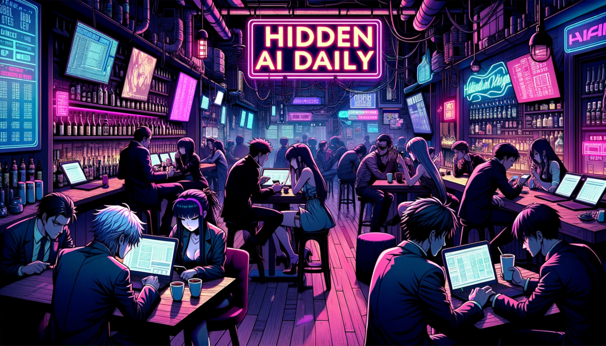 16:9 ratio vector capturing a cyberpunk-inspired cafe scene where individuals of various descents sit and engage with their devices, one of which clearly showcases 'Hidden AI Daily'. The setting combines the dark shades of Sin City with vibrant neon lights, and characters exhibit anime nuances in their designs.