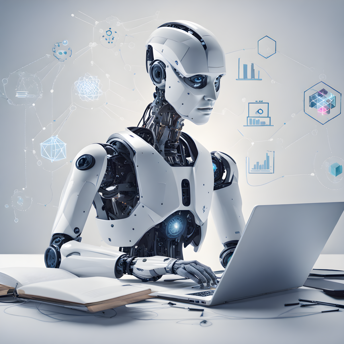 EBL and AI future impacts Robot working on a laptop