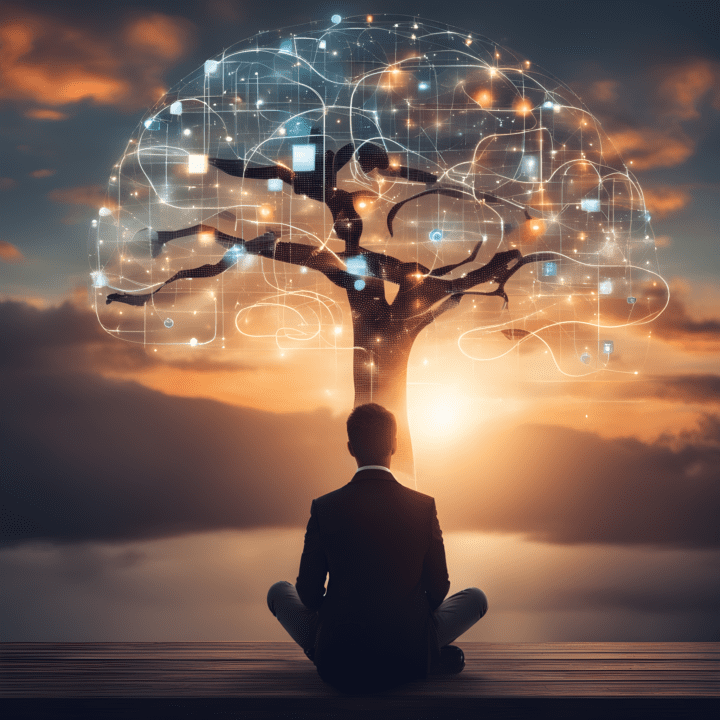 knowledge acquisition person sitting cross-legged in front of a digital tree