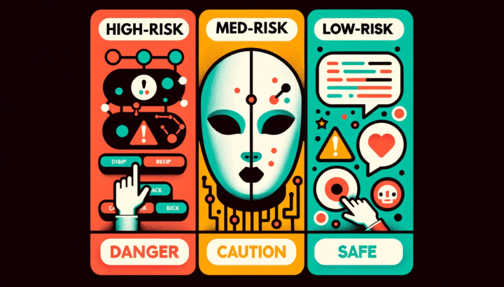 Illustration (Wide 1792x1024): A split graphic with three sections representing the tiers of AI regulation. The first section depicts a digital face being manipulated (deepfake) with a red 'danger' icon. The second shows a chatbot and language symbols with an orange 'caution' icon. The third illustrates a benign AI tool, like a digital pen creating content, with a green 'safe' icon. Labels: 'High-Risk', 'Medium-Risk', and 'Low-Risk' are present.