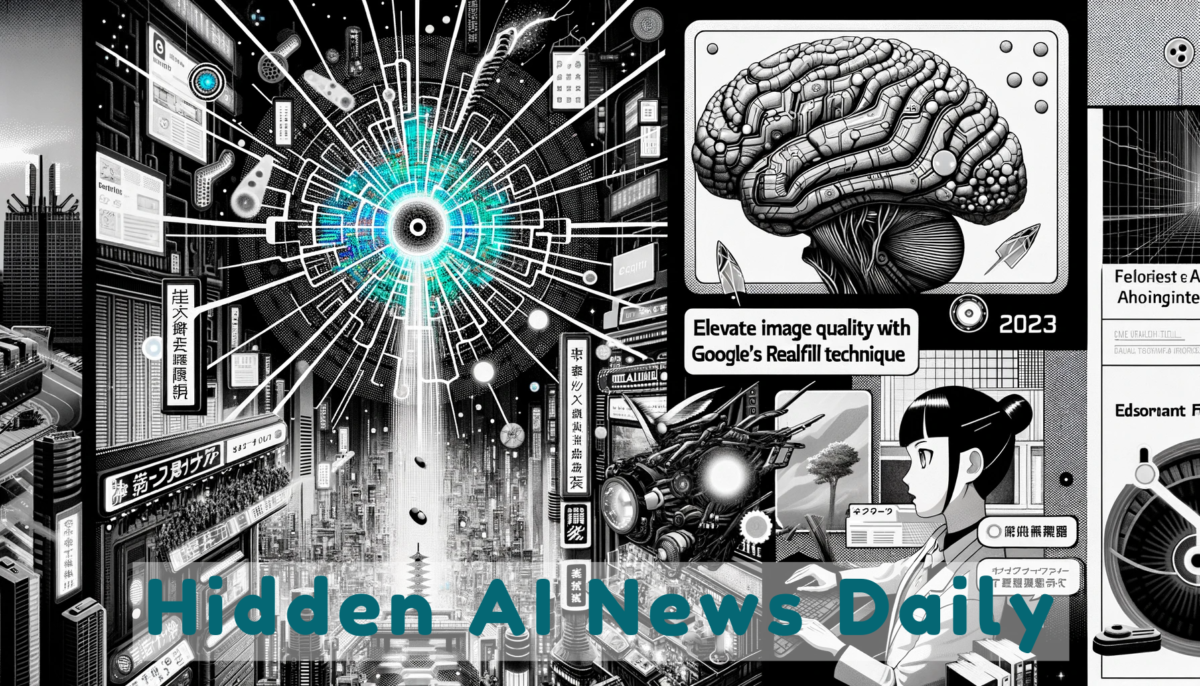 Illustration (Wide 1792x1024): A digital collage representing the key themes from the newsletter. In the foreground, an intricate AI-inspired neural network radiates out, symbolizing AI advancements. On the left, a depiction of Google's RealFill technique enhancing a blurry image to a clear one, highlighting image restoration. On the right, an anime-styled AI assistant works in a monochrome, cyberpunk-influenced office. The central focus has the bold title 'Hidden AI News Daily October 20, 2023', with a subtitle 'Elevate Image Quality with Google's RealFill Technique'. The overall design integrates Sin City's art style, using primarily monochrome tones but with selective bright colors for emphasis.