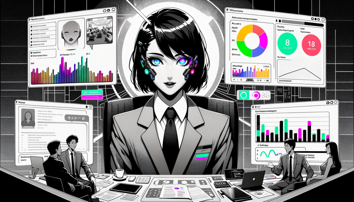 In a monochrome setting with cyberpunk undertones, an anime-stylized AI assistant