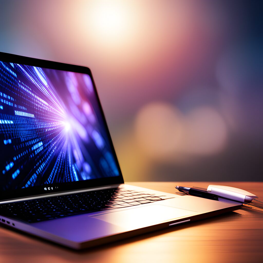 online learning and AI A laptop displaying a vibrant digital matrix of blue lines and data, placed on a wooden surface next to a sleek pen, with a soft, colorful background lighting.