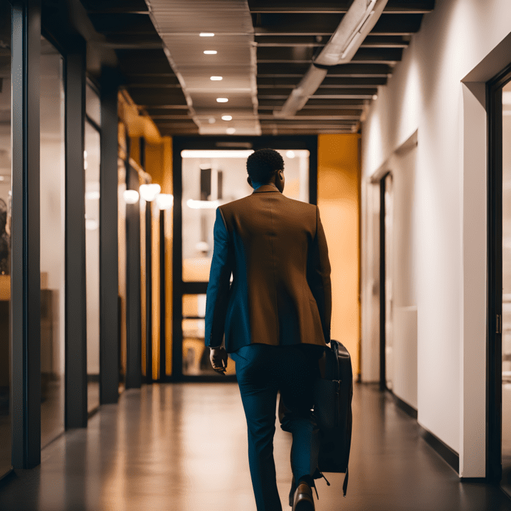 A man in a tailored suit, carrying a briefcase, strides confidently down a well-lit office hallway adorned with modern decor.