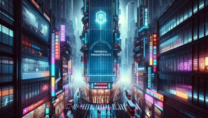 Photo of a neon-lit cityscape in a cyberpunk style, with futuristic skyscrapers towering over the streets. The scene is dominated by a massive digital billboard displaying the words 'Prioritization in Personal Productivity'. Rain lightly falls, and people with umbrellas walk below, all immersed in their personal tasks and screens, showcasing the importance of time management in a bustling city.