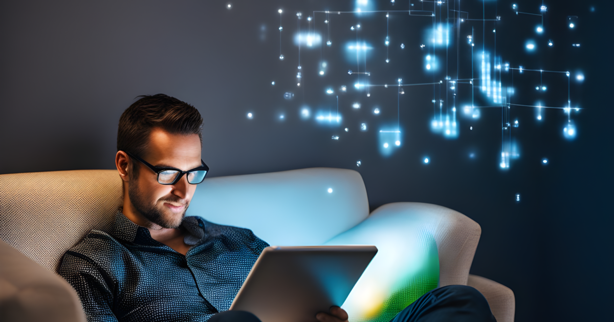A man, wearing glasses, reclines comfortably on a couch while holding a tablet. Above him, a vibrant digital interface floats, filled with glowing nodes and lines, symbolizing technology and connectivity. Supporting Mental health