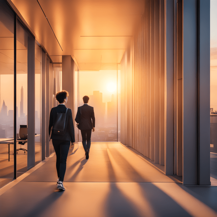A man and a woman walk through a spacious corridor with floor-to-ceiling windows, showcasing a sunset view of a city skyline.