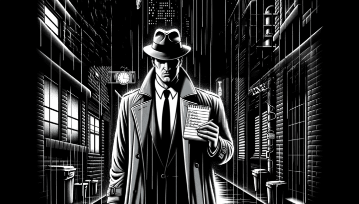 Sin City style illustration of a noir detective in a trench coat, standing in a dimly lit alley with rain pouring down. He holds a notepad, listing out his tasks and priorities, showcasing the importance of organization even in a gritty environment. Neon signs overhead highlight words like 'Time', 'Efficiency', and 'Productivity' in stark contrast to the dark surroundings.