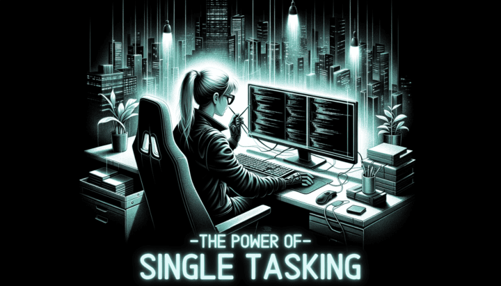Illustration blending Sin City's monochromatic with accent, Cyberpunk, and Anime styles. It portrays a tech professional of European descent, female, deeply engrossed in a coding task on her computer. The surroundings are intentionally barren, emphasizing the lack of distractions. The only light source is the glow from the computer screen, casting neon reflections. On the bottom, 'The Power of Single Tasking' is illuminated in a glowing font. Productivity for tech professionals