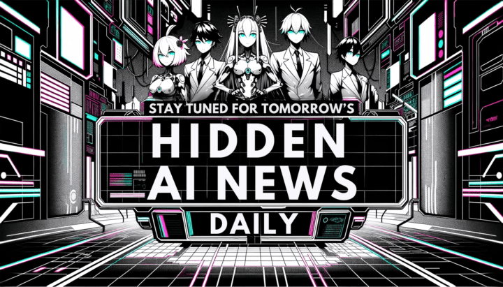 Illustration (Wide 1792x1024): A high-tech, monochrome background with neon cyberpunk elements frames the text 'Stay Tuned for Tomorrow's Edition of Hidden AI News Daily!'. Anime-inspired characters, perhaps AIs, stand on either side of the text, giving a gesture of gratitude. The characters and certain words within the text shine with a vibrant accent color, reminiscent of Sin City's style.