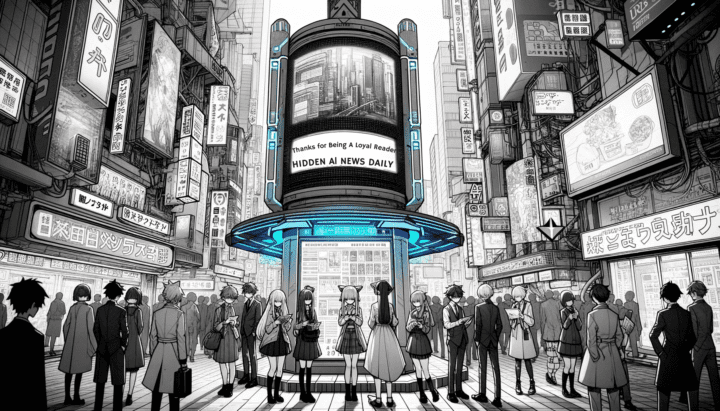 Anime-style drawing combining monochrome with selective color, infused with a cyberpunk theme. In a bustling street, diverse anime characters walk past a digital kiosk. The kiosk's screen prominently displays 'Thanks for being a loyal reader of Hidden AI News Daily'. The backdrop is filled with towering skyscrapers, neon signs, and holographic projections.