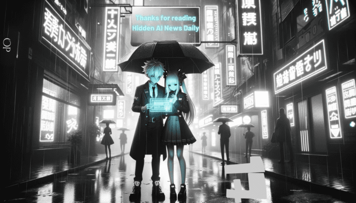 In a 16:9 wide frame, a rainy city street in monochrome, with only neon signs glowing in vibrant cyberpunk hues. Anime-inspired characters with sharp features stand under a neon sign, sharing an umbrella. One of them holds a glowing device that projects the message 'Thanks for reading Hidden AI News Daily!'. The atmosphere is thick with mist, and the reflections of neon lights shimmer on the wet pavement.