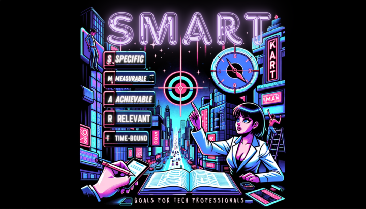 Vector graphic combining Sin City, Cyberpunk, and Anime aesthetics. It displays the acronym 'SMART' (Specific, Measurable, Achievable, Relevant, Time-bound) in neon letters.