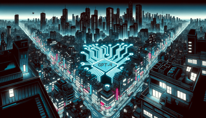 Wide image of a futuristic city skyline at night. Embedded within the buildings and streets is a 3D representation of GPT-4 circuits, glowing vibrantly. The cityscape, while mostly monochrome, has selective color highlights reflecting the Sin City style. Cyberpunk aesthetics like neon signs and flying vehicles add depth, while anime-styled characters marvel at the digital marvel from balconies and rooftops.
