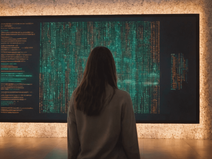 The Impact of Quality on Search A woman with long hair stands with her back to the viewer, gazing intently at a large digital screen. The screen displays a mesmerizing cascade of green code, reminiscent of digital rain, set against a dark backdrop. The ambient lighting from the screen casts a soft glow on her figure and the surrounding area, creating a mood of deep focus and contemplation.