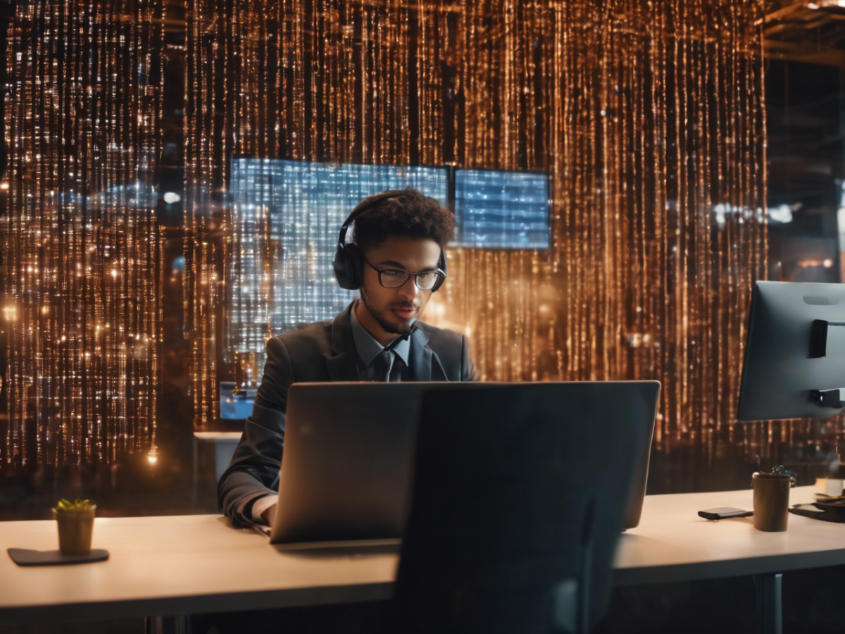 narrow AI applications in daily life The first image captures an individual immersed in his work using examples of narrow AI in a space that seems technologically advanced. The cascading light strings in the background give the setting a futuristic ambiance.