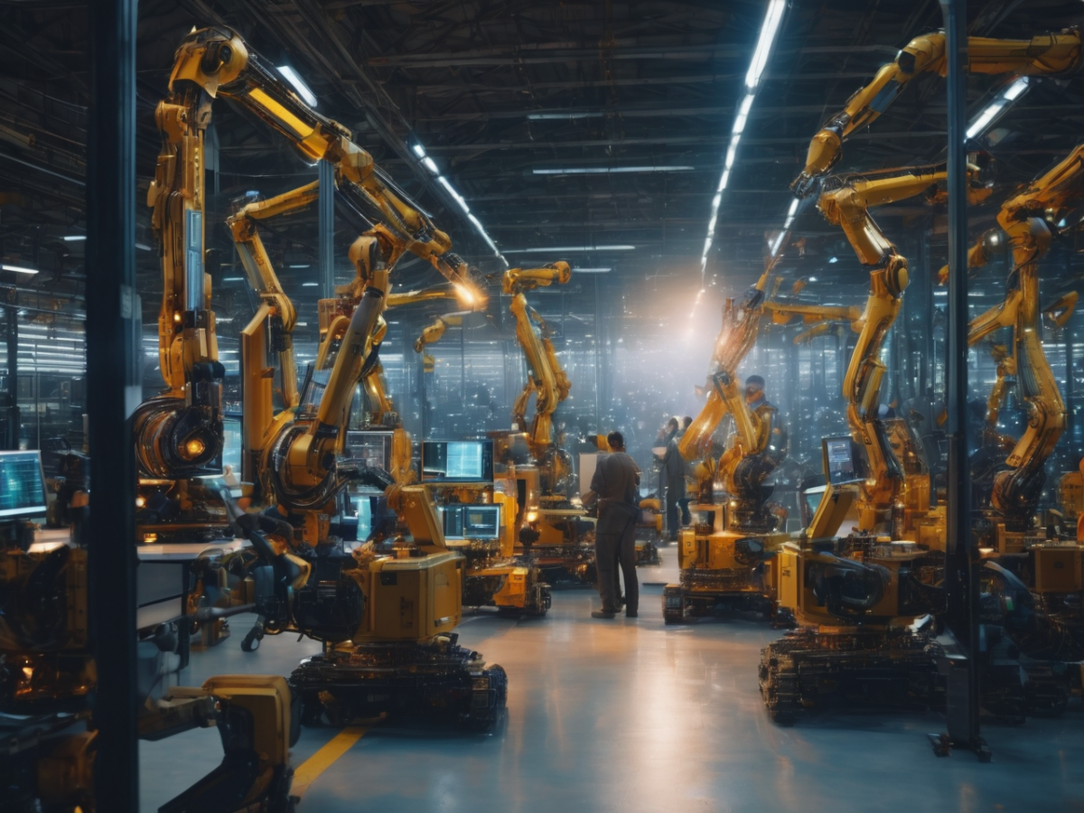 narrow AI use cases in industry The second image showcases an industrial setting with several robotic arms. These machines are typically used in manufacturing processes for tasks like assembly, painting, or material handling.