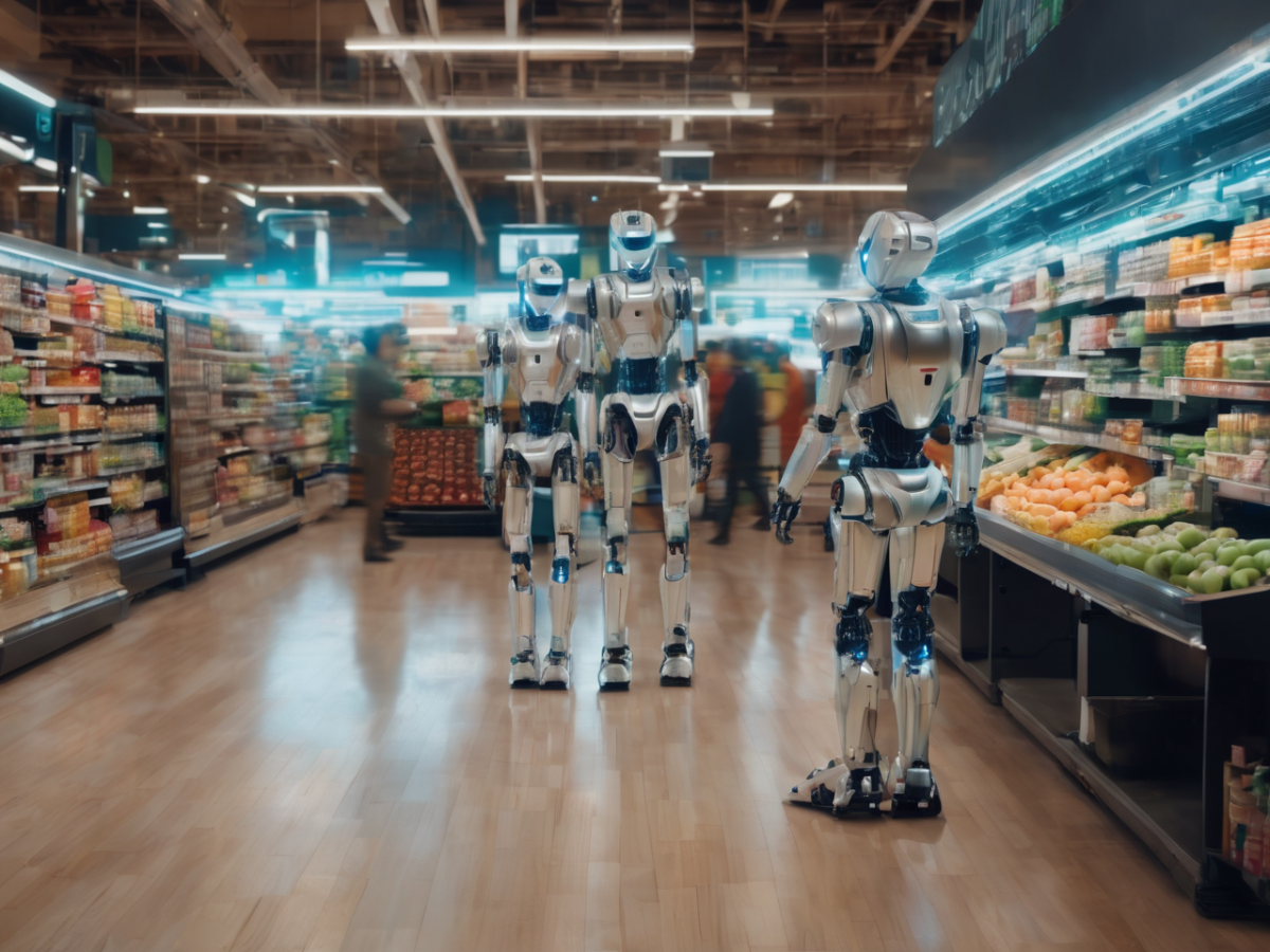 Narrow AI Technologies in Action The third image portrays robots navigating a supermarket. This highlights the increasing role of automation and robotics in everyday settings, potentially serving customers or restocking shelves.