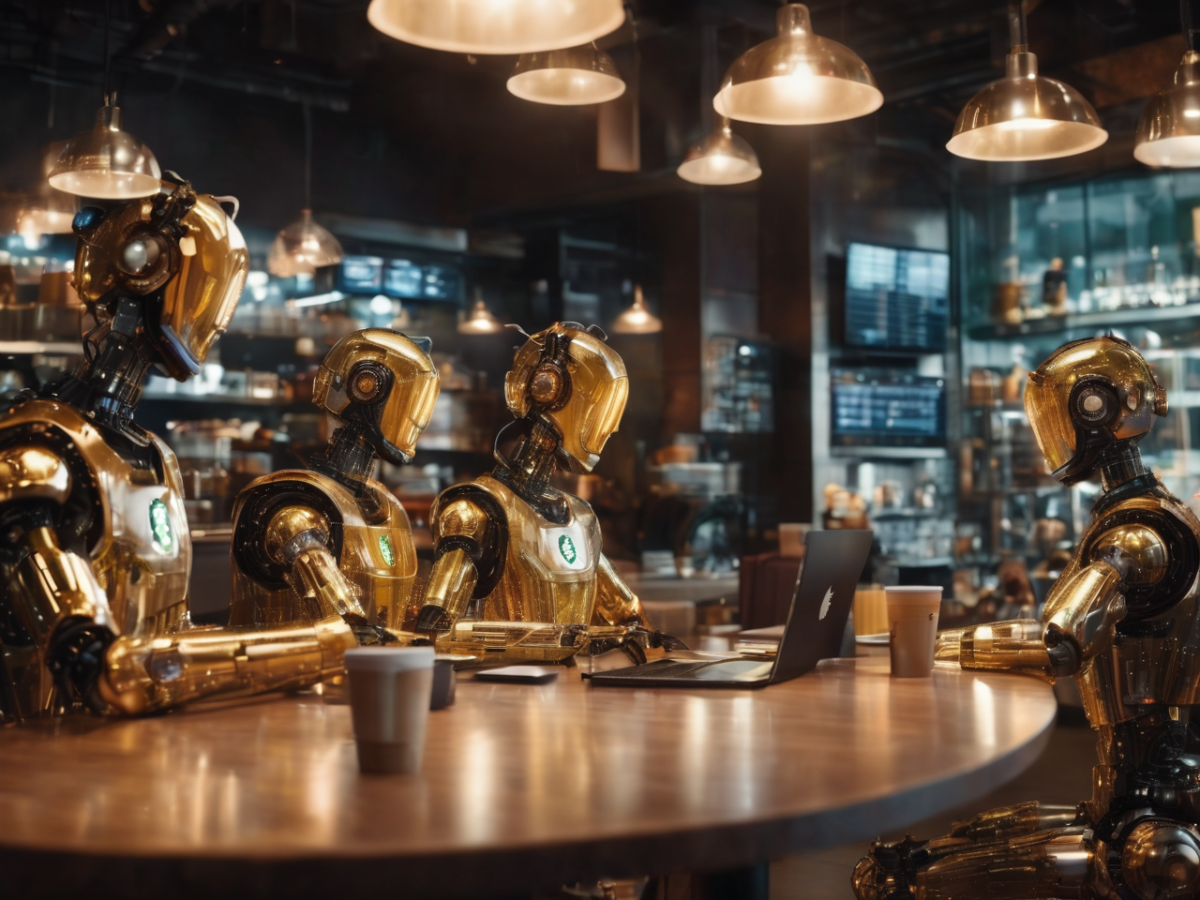 narrow ai examples Four gold humanoid robots sit at a cafe table, illuminated by overhead pendant lights, with a modern cafe setting in the background.