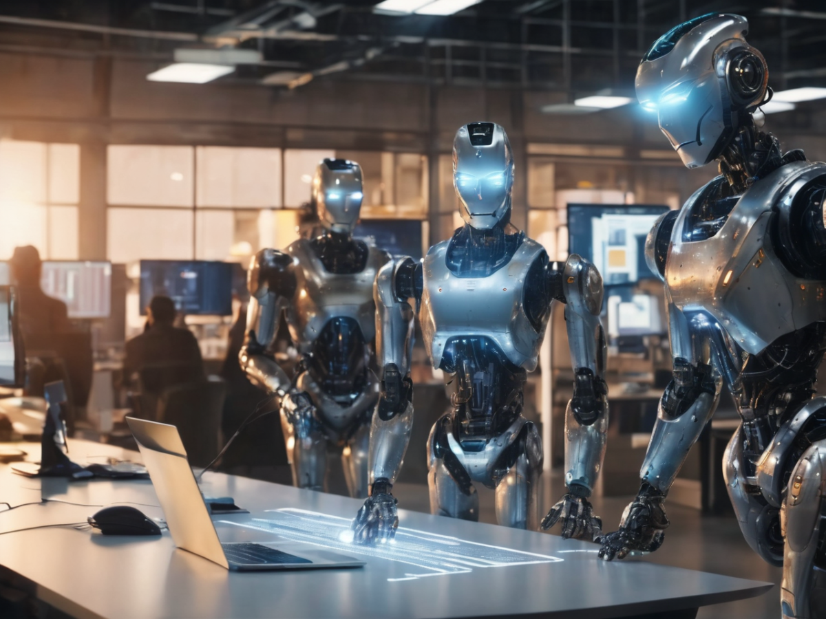 Narrow AI Solutions in Business Futuristic silver humanoid robots working in a high-tech workspace, illuminated by blue lights, with one robot accessing data on a holographic interface.