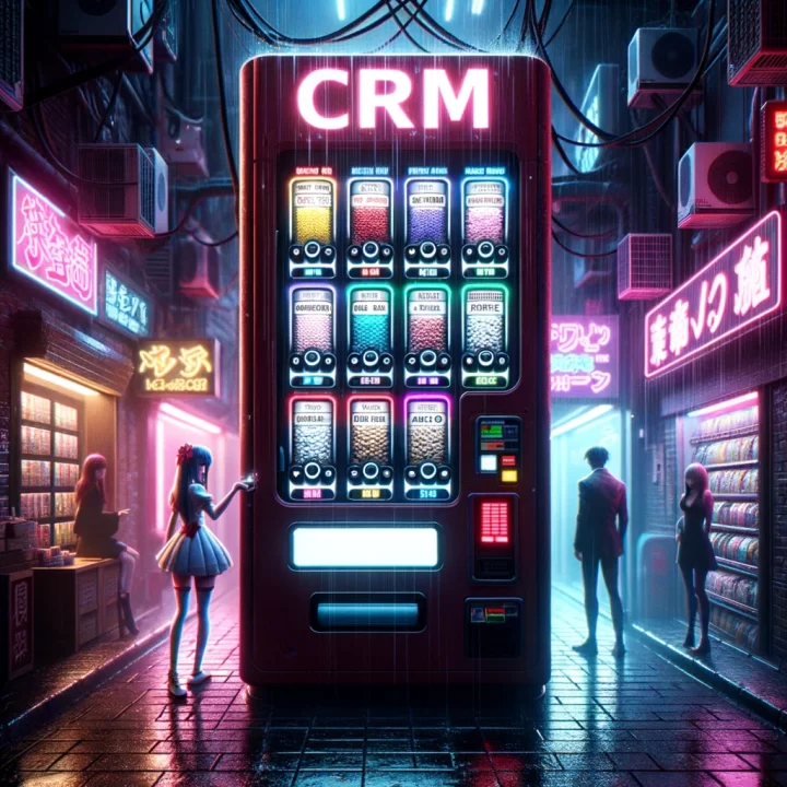 A dimly lit cyberpunk alley with an anime-styled vending machine containing different labeled CRM platforms. Characters are seen selecting their easiest personal CRM, and the ambiance is reminiscent of Sin City with splashes of neon.