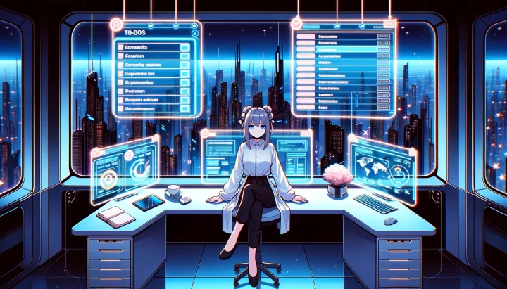 Illustration in anime style of a young woman sitting at a futuristic desk with multiple holographic screens surrounding her. On one screen, there's a to-do list highlighting tasks based on their urgency and importance. Another screen shows a digital calendar with reminders and appointments. The background depicts a large window with a view of a sprawling cyberpunk city, symbolizing the importance of prioritization in a fast-paced world.