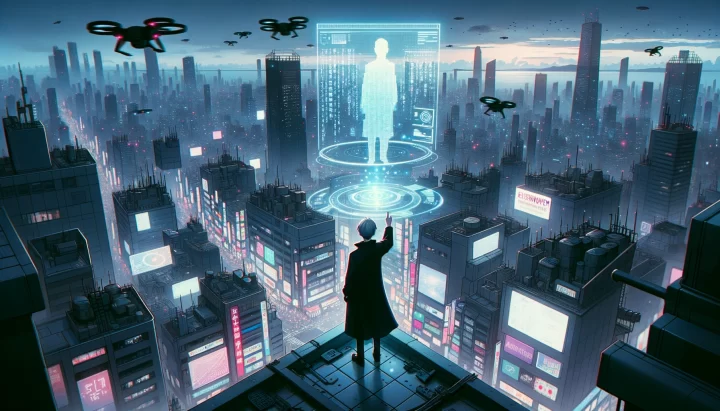 Anime style depiction of a person standing at the edge of a rooftop in a cyberpunk city. They are gazing out at the vast metropolis, holding a device that projects a hologram of an 'Eisenhower Matrix'. Floating digital ads and drones fly in the background. The atmosphere is moody and reflective, emphasizing the need for clarity and focus in a chaotic environment.