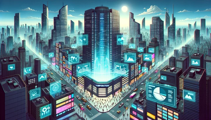 Wide landscape in Sin City, cyberpunk, and anime mix style. A large corporation building stands in the center, symbolizing a major organization. Holographic screens surround the building displaying charts and graphs representing efficiency. On the streets below, employees are seen delegating tasks to one another, while others are communicating with holographic projections of external partners, showcasing the concept of outsourcing.