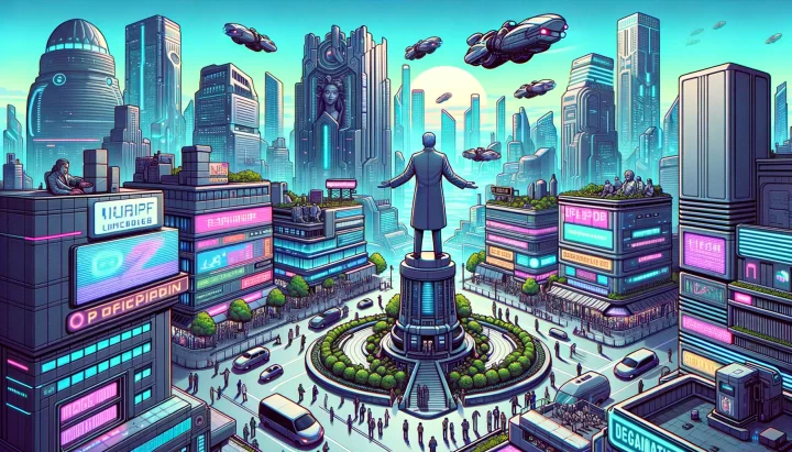 Landscape illustration combining Sin City, cyberpunk, and anime aesthetics. A bustling futuristic city business district where various companies are actively engaging with external vendors. Hovering vehicles transport goods and services between buildings. A central plaza features a statue of a manager delegating tasks to team members, representing the power of effective delegation.