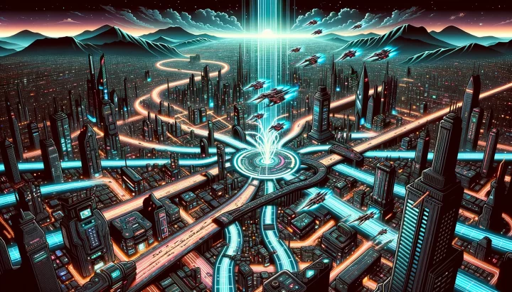 Landscape scene in Sin City, cyberpunk, and anime mix style. An overhead view of a futuristic cityscape with intertwined roads and neon lights. In the heart of the city, a central hub where data streams flow in and out, representing the delegation of tasks and information. Outsourced vendors, depicted as flying vehicles, come and go, showcasing the dynamic of an efficiently outsourced operation.