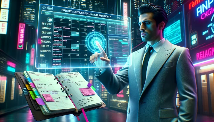 Image 4: Photo with Sin City, Cyberpunk, and Anime influences. It shows a digital calendar on a transparent screen, filled with tasks and appointments, floating in a tech-savvy environment. Beside it, a traditional planner lies open, with hand-written notes and colorful tabs. In the background, a tech professional of Middle Eastern descent, male, interacts with the digital calendar using holographic touch. The caption 'Efficient Scheduling for Enhanced Productivity' is displayed prominently at the bottom of the image.
