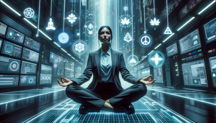 Photo melding Sin City's monochromatic with accent, Cyberpunk, and Anime elements. A tech professional of Hispanic descent, female, sits in a meditative posture in her high-tech workspace. Holographic symbols of peace and serenity float around her. The environment is dim, with only the neon glow from the symbols providing light. 'Mindfulness for Higher Productivity' is highlighted at the bottom.