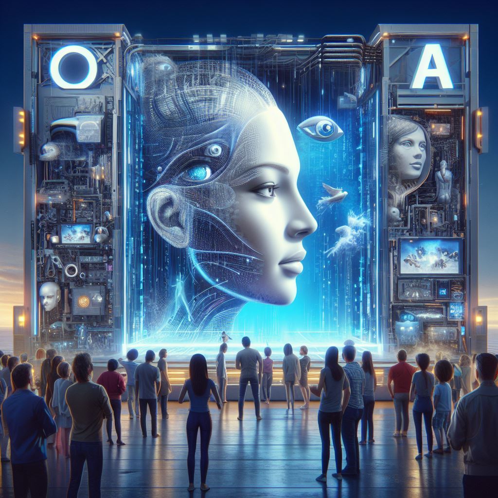 Greg Brockman Showcases GPT-4. People standing in front of a video wall showing AI and robot images. 