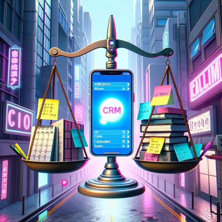 In a cyberpunk cityscape, a floating balancing scale is seen. One side holds physical address books, sticky notes, and calendars, and the other side holds a glowing holographic smartphone with a CRM logo. The scene has an anime aesthetic with a Sin City-inspired color palette.
