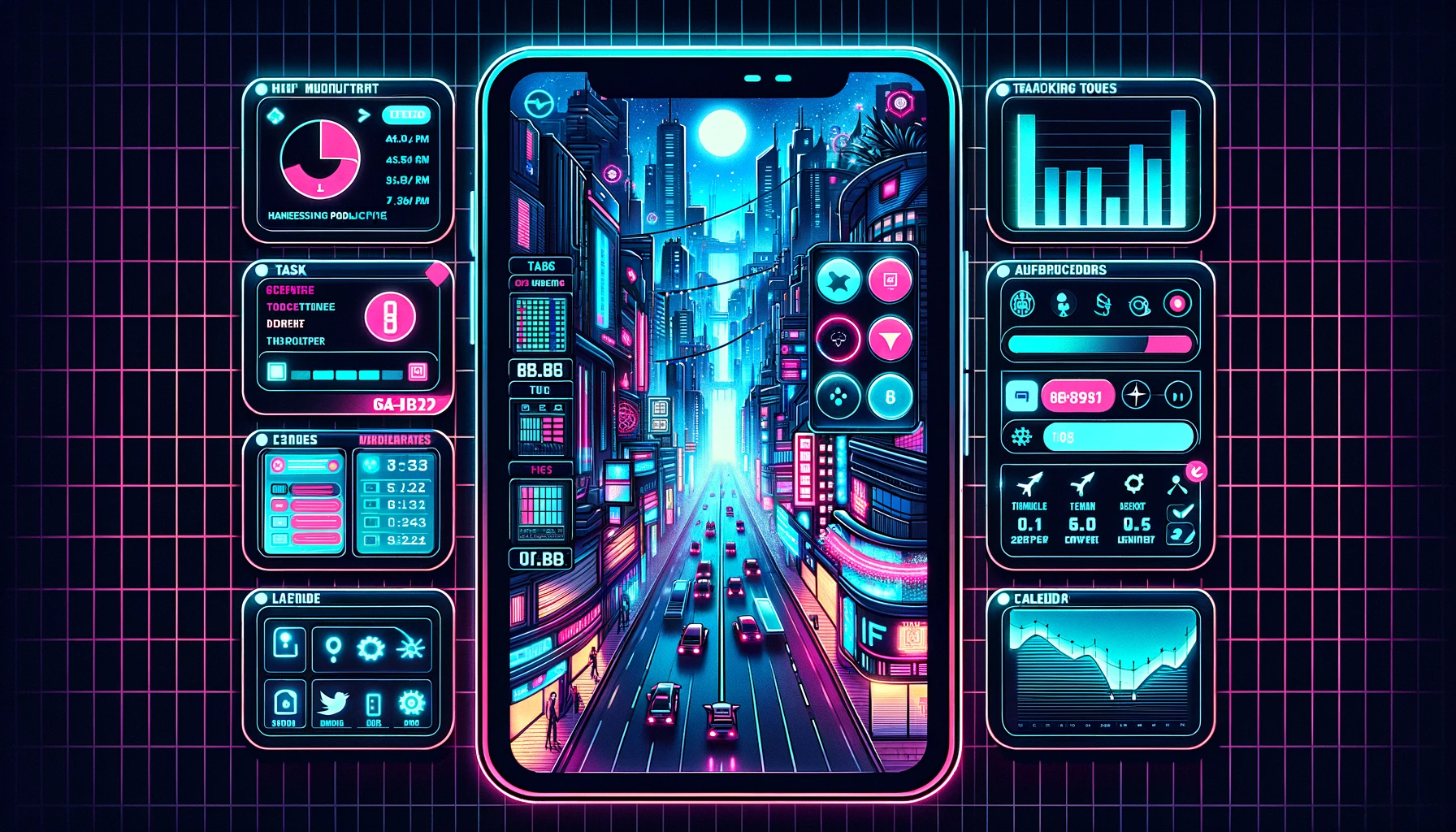 Screenshot-style illustration merging Sin City, Cyberpunk, and Anime vibes. It shows a futuristic task management app interface with a range of tasks, deadlines, and progress bars. There's a touch of neon and holography, making it appear advanced and high-tech. The app is flanked by smaller widgets showcasing time tracking and calendar features. 'Harnessing Productivity Tools for Enhanced Workflow' is written in a neon font at the bottom.