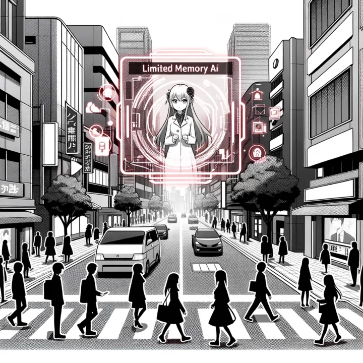 Illustration of a city street in monochrome. Anime-styled pedestrians are using smart devices, and a hologram in the center depicts an anime figure explaining 'limited memory AI'. The scene has accents of red, especially on the devices.