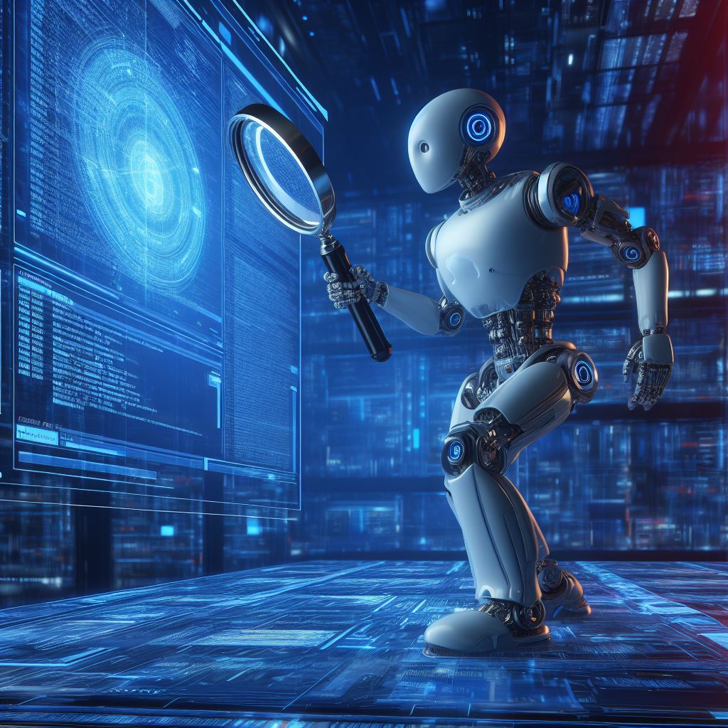 Overhyping Bing Chat. AI Robot using a magnifying glass to search the internet for users