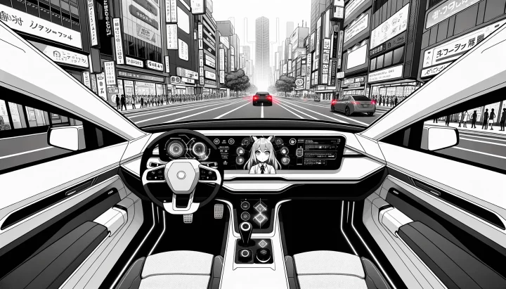 Wide illustration of an anime character inside a monochrome autonomous vehicle, displaying a dashboard with high-tech features. The outside view shows a bustling city with red traffic lights and holographic signs.