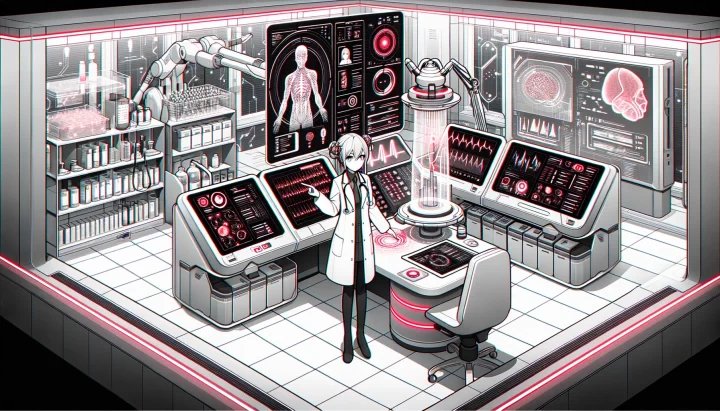 Wide illustration of an anime physician in a monochrome futuristic lab, analyzing patient data with the help of AI. The scene has red highlights, especially on the advanced medical devices and holographic displays.