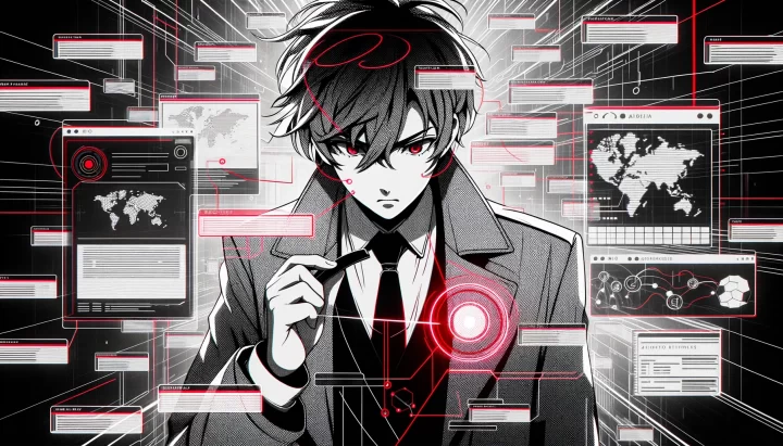 Wide illustration of an anime detective in a monochrome digital environment, using AI tools to trace and detect fraudulent activities. Red highlights illuminate crucial evidence and digital pathways.