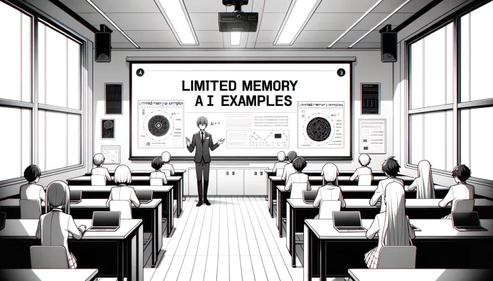 Wide illustration of a monochrome anime classroom setting where a teacher is explaining 'limited memory AI examples' on a large screen. The room has subtle red accents, particularly on the tech gadgets used by the students.